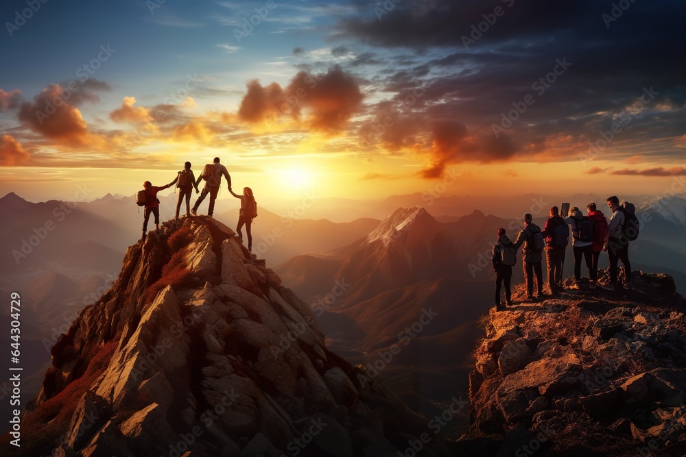 A group of friends bonding together in success, arm in arm at a mountain's peak, generative AI - obrazy, fototapety, plakaty 