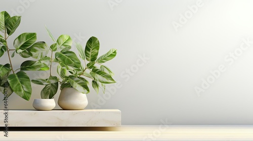 podium design for product display or product stand with leaf ornaments and minimalist background