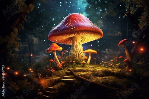 A vibrant magical mushroom thrives in a fantastical forest, serving as both a psychedelic remedy and a beautiful decorative fungus - artwork. Generative AI