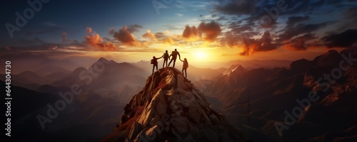 A group of friends bonding together in success, arm in arm at a mountain's peak, generative AI