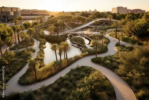 Aerial view of sunrise over Turia Gardens, a transformed riverbed park in Valencia, Spain. Generative AI photo