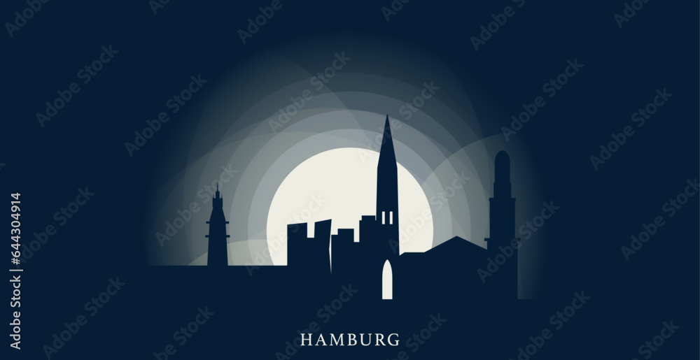 Germany Hamburg cityscape skyline capital city panorama vector flat modern web banner, header. Central Europe region emblem idea with landmarks and building silhouettes at sunrise sunset night