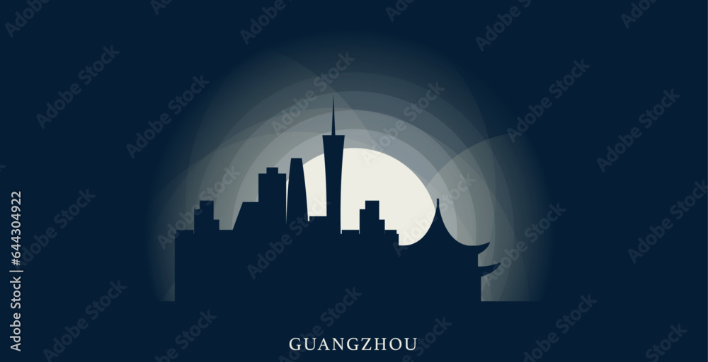 China Guangzhou cityscape skyline city panorama vector flat modern web banner, header. Asian region emblem idea with landmarks and building silhouettes at sunrise sunset night