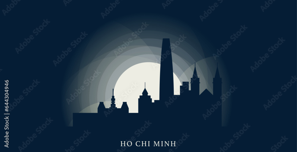 Vietnam Ho Chi Minh City cityscape skyline panorama vector flat modern banner illustration. Asian region emblem idea with landmarks and building silhouettes at sunrise sunset night