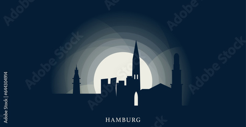 Germany Hamburg cityscape skyline capital city panorama vector flat modern web banner, header. Central Europe region emblem idea with landmarks and building silhouettes at sunrise sunset night