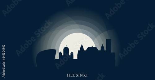 Finland Helsinki cityscape skyline capital city panorama vector flat modern banner illustration. Nordic Europe region emblem idea with landmarks and building silhouettes at sunrise sunset night