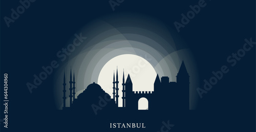 Turkey Istanbul cityscape skyline city panorama vector flat modern banner illustration. Bosphorus region emblem idea with landmarks and building silhouettes at sunrise sunset night