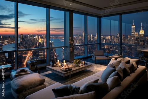 Stylish NYC apartment living room showcasing stunning city views. Generative AI © Cassidy