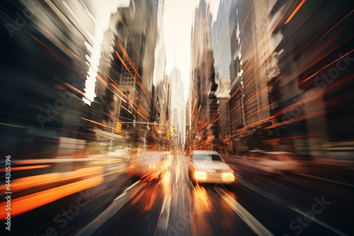Blurred urban scene of an extended street flanked by tall buildings. Generative AI