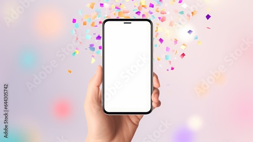 3D confetti phone celebrate party winner. Win confetti hand smartphone mockup render. Smart 3d screen surprise confetti gadget illustration. Cellphone screen background empty template. Generative AI