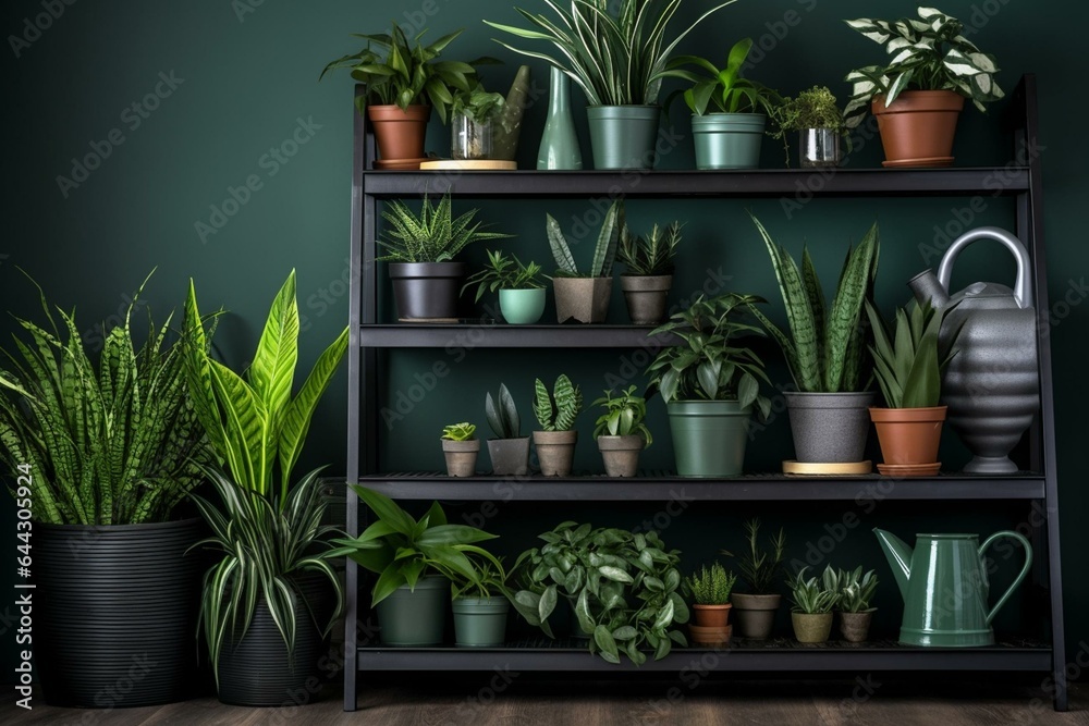 Green plants, black watering can on wooden shelves. Modern hipster room decor. Cactus, asparagus, dracaena, pothos, ivy, palm, sansevieria in pots. Generative AI