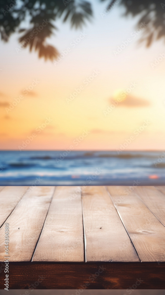 Empty wooden table top with bokeh on blur beach background Empty wooden table top with bokeh on blur beach background