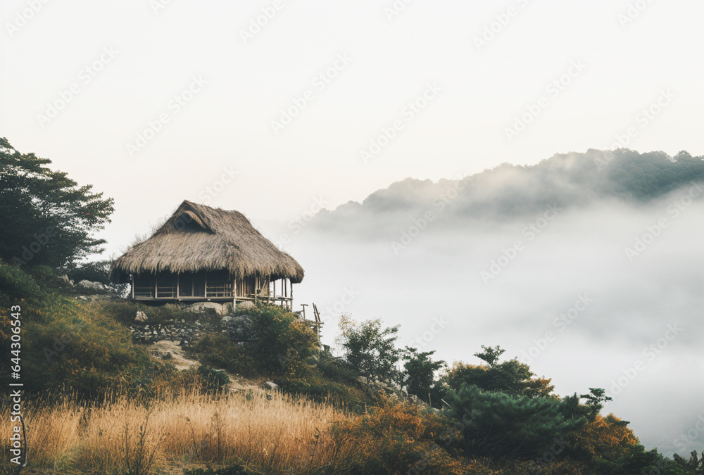 An old small house in the style of a local community. in natural territory Thai mountain forest plant species. An old small house in the style of a local community. in natural territory Thai mountain forest plant species.