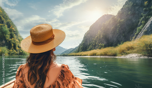 Beautiful young woman travels in nature Take a boat trip in a beautiful mountain atmosphere. © toodlingstudio