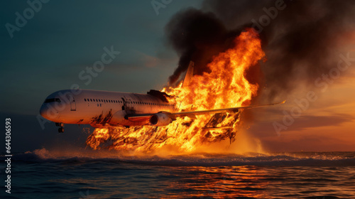 A plane caught fire mid air is diving into the sea