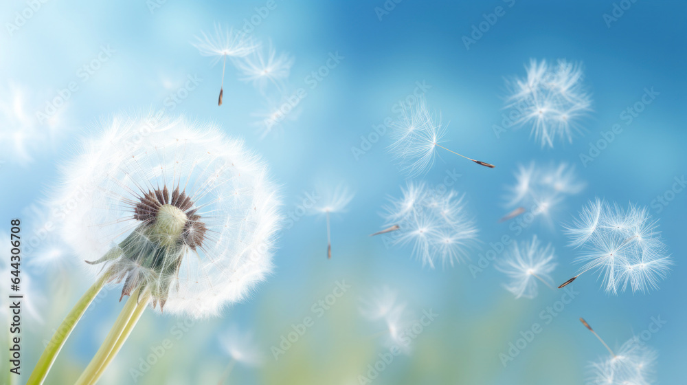 Dandelion blowing in the breeze, soft lighting, pastel colours, sunny day.