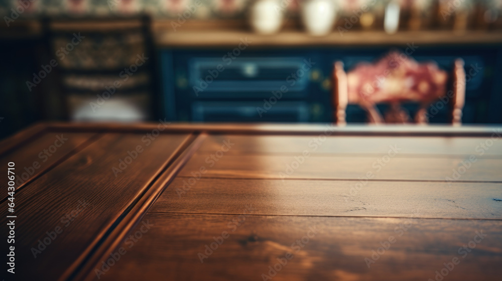 Old wooden empty table background on blurred vintage kitchen