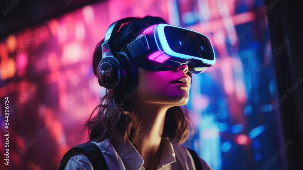 Young woman using glasses of virtual reality on dark colorful neon background Young woman using glasses of virtual reality on dark colorful neon background