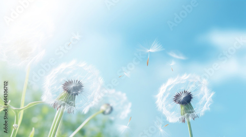Dandelion blowing in the breeze  soft lighting  pastel colours  sunny day.