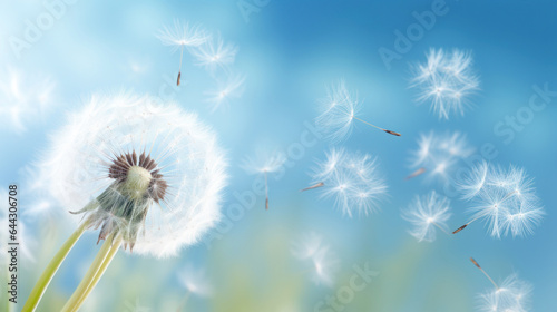 Dandelion blowing in the breeze, soft lighting, pastel colours, sunny day. © red_orange_stock