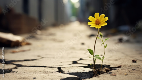 Yellow flower growing on crack street © red_orange_stock