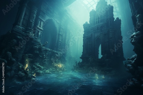 Castle ruins submerged in ocean depths. Generative AI