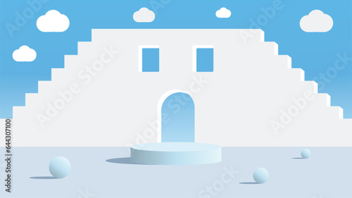 podium stage skywalk blue sky white with cloude and ball by illustrator