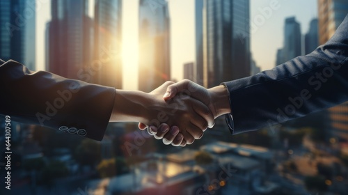 Businessmen making handshake with buildings in the city as background, business etiquette, congratulation, merger and acquisition, business meeting and partnership Generative AI