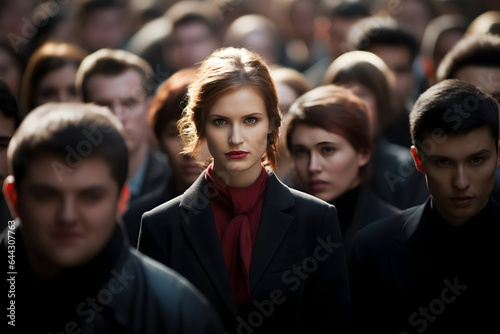 A woman looks directly at the camera in a big crowd of people