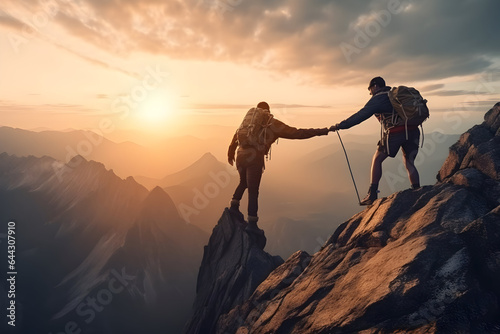 Teamwork concept with one man giving hand to friend reach the mountain top © Benasi Tharanga