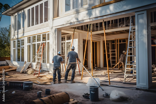 Builders Fitting Doors and Windows into a Newly Constructed House