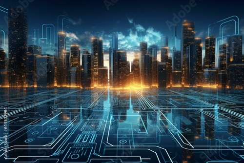 Futuristic smart city on circuit board backdrop. Generative AI © Thessaly