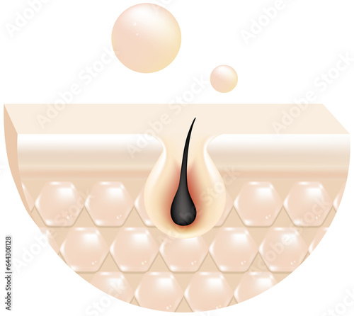 Hyaluronic acid hair and skin solutions, and white collagen serum drop into skin cells.