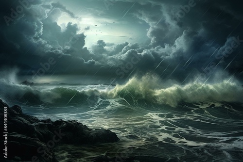 An image of a stormy ocean with thunder, rain, and a seascape. Generative AI