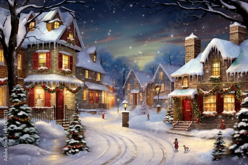A cozy winter village adorned with snow, Christmas trees, sparkling lights, and a welcoming atmosphere. Generative AI