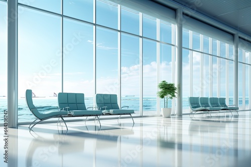 Interior of airport terminal with panoramic window and airplan