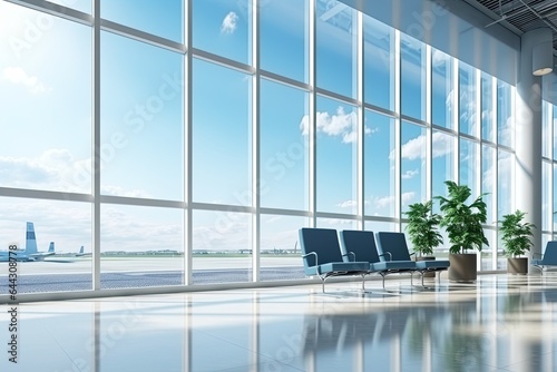 Interior of airport terminal with panoramic window and airplan