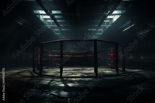 Desolate MMA cage looming in the spotlight. CGI illustration. Generative AI