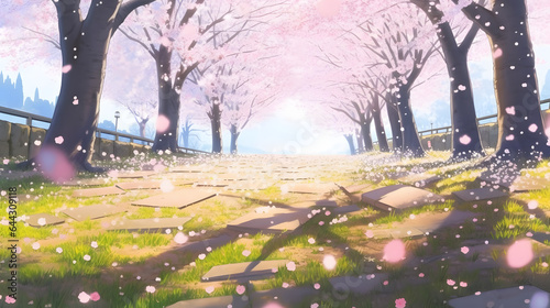 春の背景と桜の花びらの境界 No.014  Spring background with cherry blossom petals border Generative AI