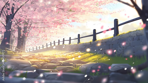 春の背景と桜の花びらの境界 No.019  Spring background with cherry blossom petals border Generative AI