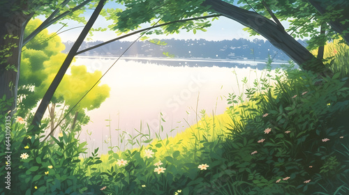 夏の背景と緑の葉の境界 No.013  Summer background with green leaves border Generative AI