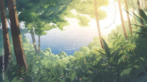 夏の背景と緑の葉の境界 No.014  Summer background with green leaves border Generative AI