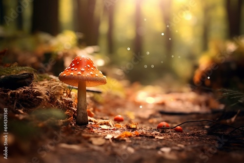 Forest path with autumn mushroom and blurred background. Generative AI