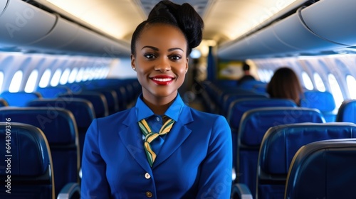 African American woman flight attendant, Female airline stewardess at Airplane.
