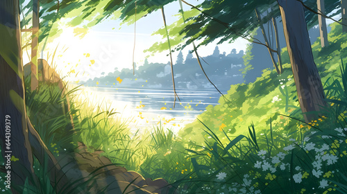 夏の背景と緑の葉の境界 No.005  Summer background with green leaves border Generative AI