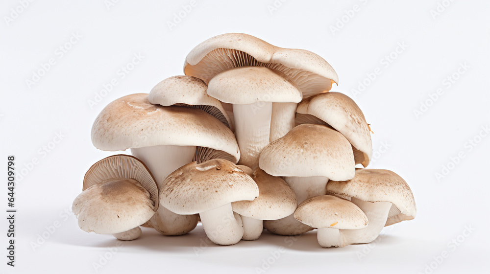 One fresh, Mushrooms in the center against a pure white background. One fresh, Mushrooms in the center against a pure white background.