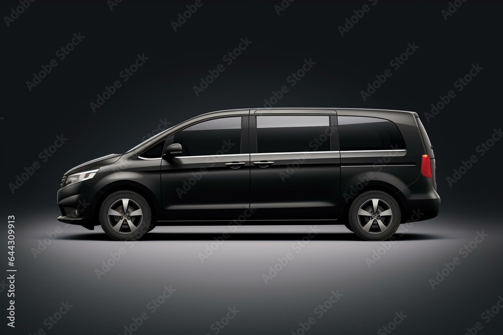 Black minivan on white background. Family car illustration. Isolated path. Generative AI