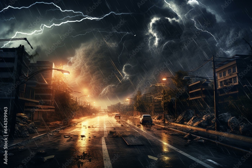 3D depiction of a stormy city road with hurricanes, lightning, and twisters, highlighting urban climate change and natural disasters. Generative AI