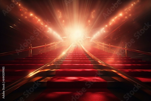 3d illustration of a vibrant red carpet leading to a bright light. Generative AI