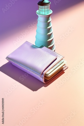 A wallet sits next to a miniature lighthouse, casting light and shadow in purple tones. Conceptual representation of the search for financial opportunities and guidance